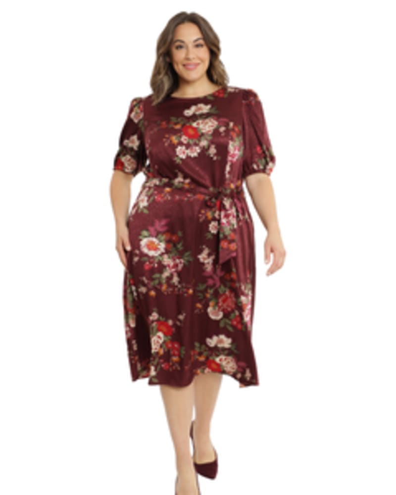 Front of a model wearing a size 14W Floral-Print Belted Midi Dress in WINE/SAGE by London Times. | dia_product_style_image_id:268582